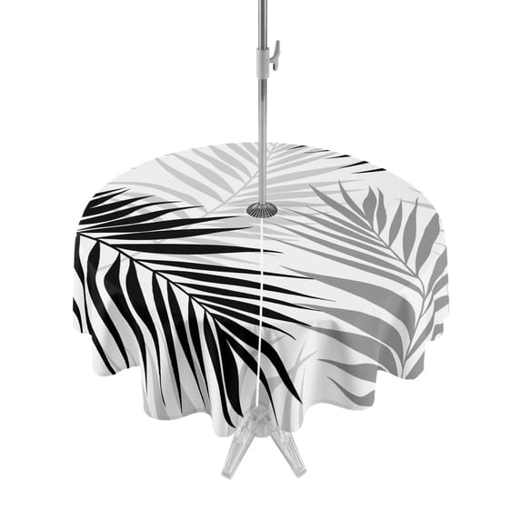 Outdoor Tablecloths with Umbrella Hole & Zipper, Summer Palm Leaves Round Tablecloth 54 Inch, Modern Botanical Fern Plants Black Gray Waterproof Table Cloth, Patio/Pool/Picnic Table Covers