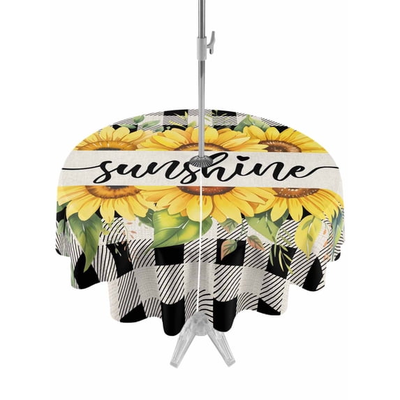 Outdoor Tablecloths with Umbrella Hole & Zipper, Summer Sunflowers Round Tablecloth 54 Inch, Country Botanical Florals Black Plaid Waterproof Table Cloth, Patio/Pool/Picnic Table Covers