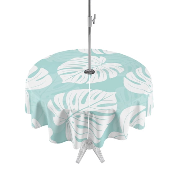 Outdoor Tablecloths with Umbrella Hole & Zipper, Summer Tropical Round Tablecloth 54 Inch, Monstera Leaves Botanical Mint Green Waterproof Table Cloth, Patio/Pool/Picnic Table Covers