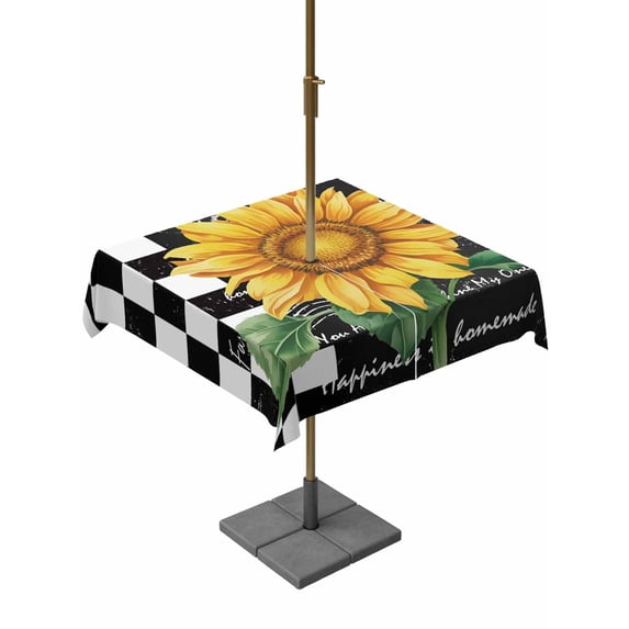 Outdoor Tablecloths with Umbrella Hole & Zipper, Sunflower 54x54 Inch Square Tablecloths, Yellow Flowers Black White Plaid Watercolor Waterproof Table Cloth, Patio/Pool/Picnic Table Covers
