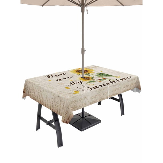 Outdoor Tablecloths with Umbrella Hole & Zipper, Sunflower 54x80 Inch Tablecloth Rectangle, Vintage Botanical Waterproof Table Cloth, Patio/Pool/Picnic Table Covers