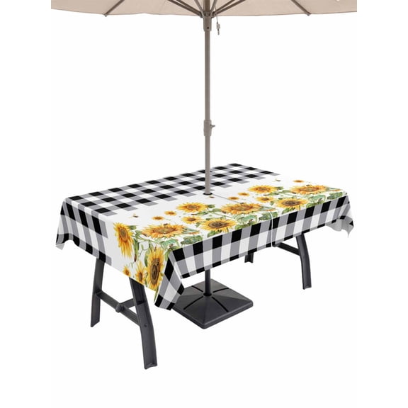 Outdoor Tablecloths with Umbrella Hole & Zipper, Sunflower 60 x102 Inch Rectangle Tablecloths, Black White Buffalo Plaid Check Country Bee Waterproof Table Cloth, Patio/Pool/Picnic Table Covers