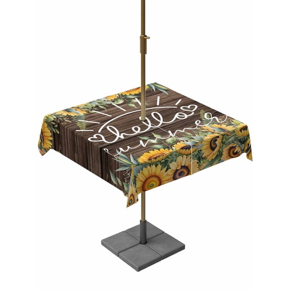 Outdoor Tablecloths with Umbrella Hole & Zipper, Sunflower 60x60 Inch Square Tablecloths, Yellow Summer Botanical Flowers Wooden Waterproof Table Cloth, Patio/Pool/Picnic Table Covers