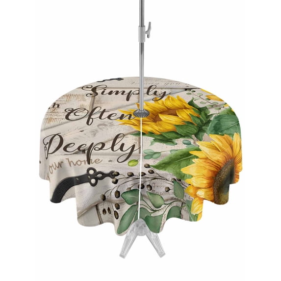 Outdoor Tablecloths with Umbrella Hole & Zipper, Sunflower Round Tablecloth 54 Inch, Yellow Flowers Summer Botanical Wooden Waterproof Table Cloth, Patio/Pool/Picnic Table Covers