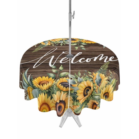 Outdoor Tablecloths with Umbrella Hole & Zipper, Sunflower Round Tablecloth 54 Inch, Yellow Summer Botanical Wooden Farmhouse Waterproof Table Cloth, Patio/Pool/Picnic Table Covers
