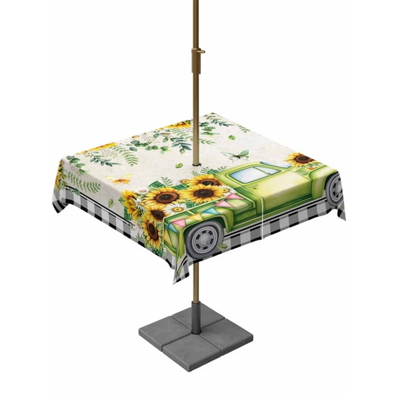 Outdoor Tablecloths with Umbrella Hole & Zipper, Sunflowers 60x60 Inch Square Tablecloths, Spring Farmhouse Country Truck Leaf Black Plaid Waterproof Table Cloth, Patio/Pool/Picnic Table Covers