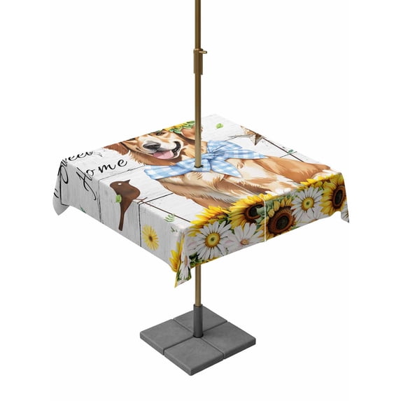 Outdoor Tablecloths with Umbrella Hole & Zipper, Sunflowers Dog 60x60 Inch Square Tablecloths, Spring Watercolor Floral Stars Wood Grain Waterproof Table Cloth, Patio/Pool/Picnic Table Covers