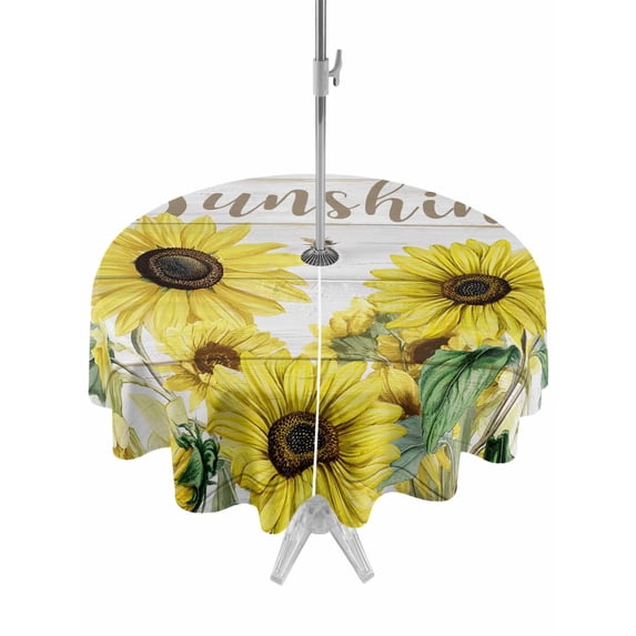Outdoor Tablecloths with Umbrella Hole & Zipper, Sunflowers Round Tablecloth 54 Inch, Country Spring Botanical Flowers Bee Wooden Waterproof Table Cloth, Patio/Pool/Picnic Table Covers