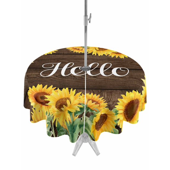Outdoor Tablecloths with Umbrella Hole & Zipper, Sunflowers Round Tablecloth 54 Inch, Yellow Summer Botanical Elegant Flowers Wooden Waterproof Table Cloth, Patio/Pool/Picnic Table Covers