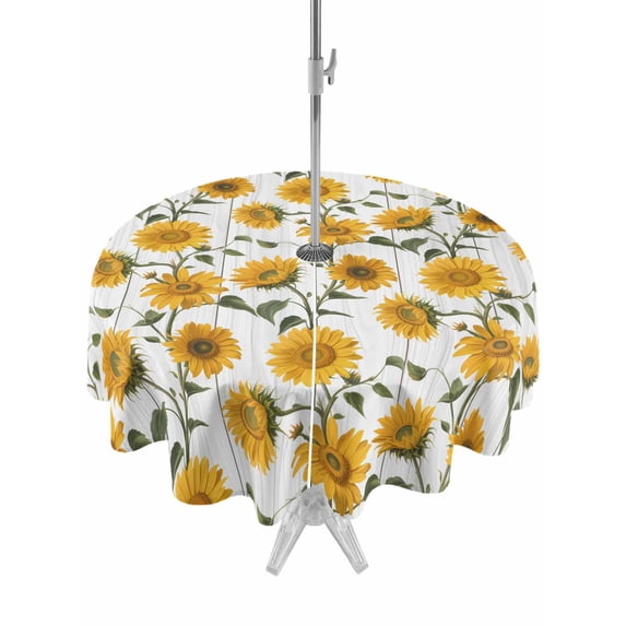 Outdoor Tablecloths with Umbrella Hole & Zipper, Sunflowers Round Tablecloths 60 Inch, Spring Botanical Yellow Flowers Branches Waterproof Table Cloth, Patio/Pool/Picnic Table Covers