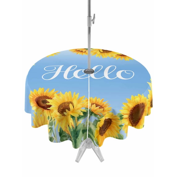 Outdoor Tablecloths with Umbrella Hole & Zipper, Sunflowers Round Tablecloths 60 Inch, Yellow Summer Botanical Elegant Flowers Waterproof Table Cloth, Patio/Pool/Picnic Table Covers