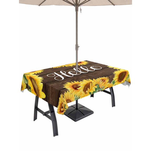 Outdoor Tablecloths with Umbrella Hole & Zipper, Sunflowers Tablecloth Rectangle 60x84 Inch, Yellow Summer Botanical Elegant Flowers Wooden Waterproof Table Cloth, Patio/Pool/Picnic Table Covers