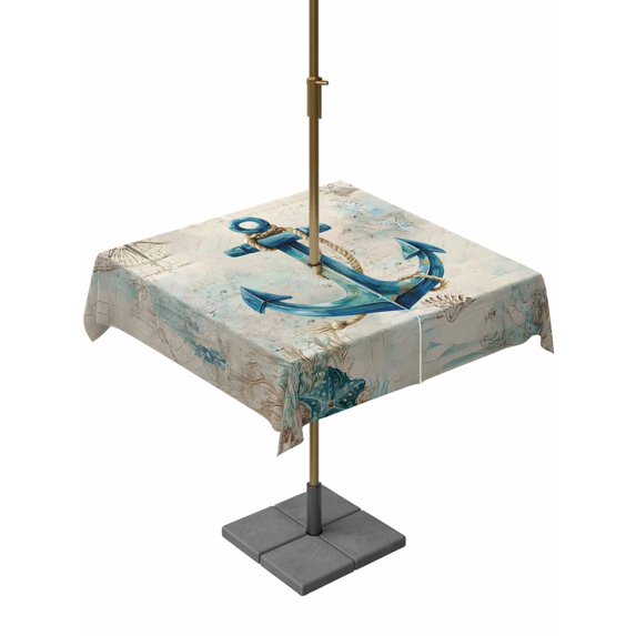 Outdoor Tablecloths with Umbrella Hole & Zipper, Teal Anchors Coastal 60x60 Inch Square Tablecloths, Vintage Summer Beach Nautical Waterproof Table Cloth, Patio/Pool/Picnic Table Covers