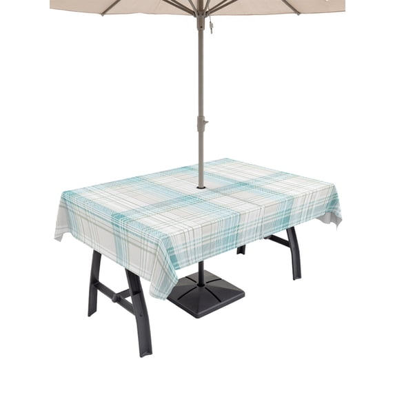 Outdoor Tablecloths with Umbrella Hole & Zipper, Teal Beige Checkered Rectangle Tablecloth 52x70 Inch, Summer Modern Minimalist Waterproof Table Cloth, Patio/Pool/Picnic Table Covers