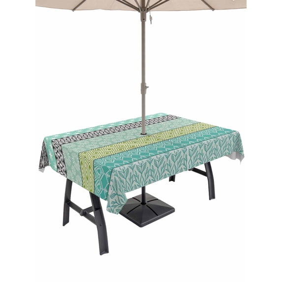 Outdoor Tablecloths with Umbrella Hole & Zipper, Teal Black Boho Rectangle Tablecloth 52x70 Inch, Vintage Ethnic Tribe Abstract Art Waterproof Table Cloth, Patio/Pool/Picnic Table Covers