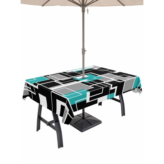 Outdoor Tablecloths with Umbrella Hole & Zipper, Teal Blue Black Geometric Tablecloth Rectangle 60x84 Inch, Modern Abstract Art Block Waterproof Table Cloth, Patio/Pool/Picnic Table Covers