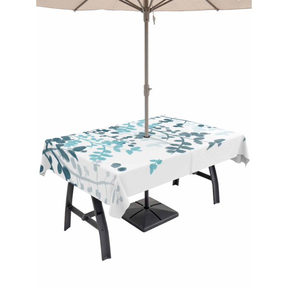 Outdoor Tablecloths with Umbrella Hole & Zipper, Teal Blue Leaves Tablecloth Rectangle 60x84 Inch, Summer Botanical Waterproof Table Cloth, Patio/Pool/Picnic Table Covers