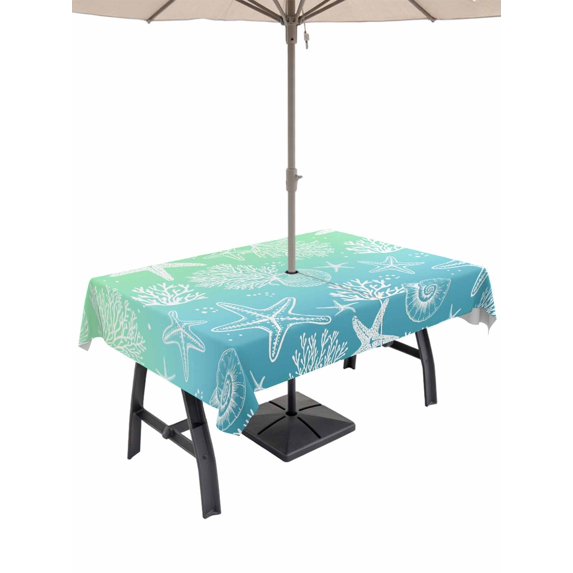 Outdoor Tablecloths with Umbrella Hole & Zipper, Teal Blue Ombre Coastal Rectangle Tablecloth 60x120 Inch, Sea Nautical Summer Beach Starfish Coral Waterproof Table Cloth, Patio/Pool Table Covers