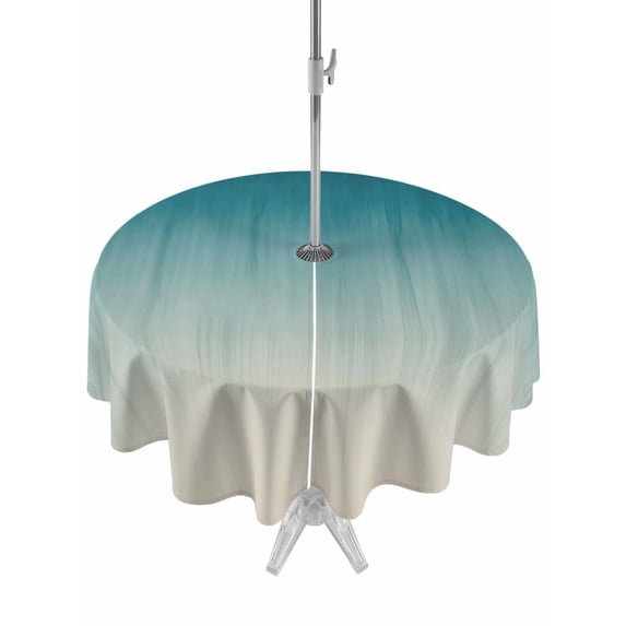 Outdoor Tablecloths with Umbrella Hole & Zipper, Teal Blue Ombre Round Tablecloth 54 Inch, Contemporary Gradient Abstract Art Waterproof Table Cloth, Patio/Pool/Picnic Table Covers