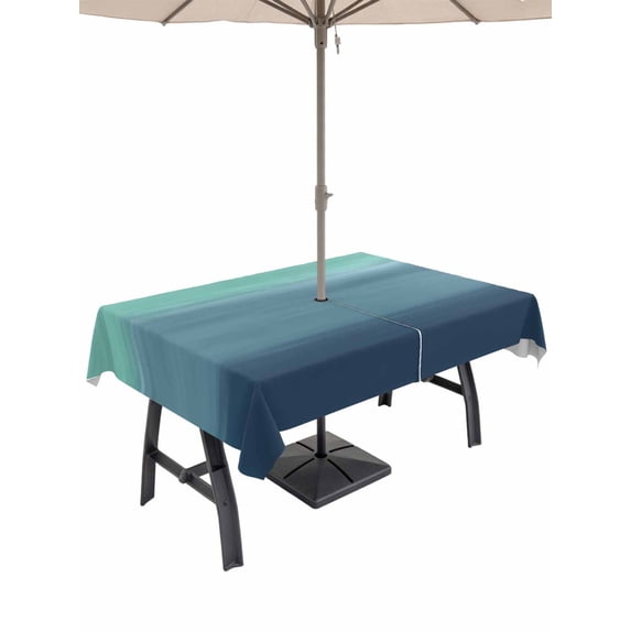 Outdoor Tablecloths with Umbrella Hole & Zipper, Teal Blue Ombre Tablecloth Rectangle 60x84 Inch, Modern Abstract Art Texture Waterproof Table Cloth, Patio/Pool/Picnic Table Covers