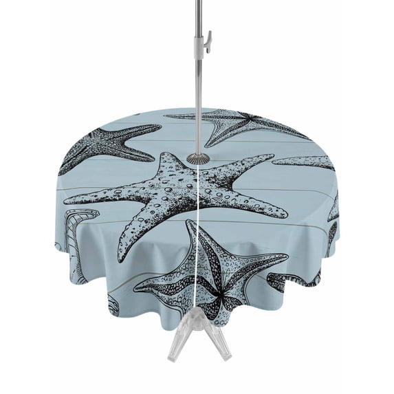Outdoor Tablecloths with Umbrella Hole & Zipper, Teal Blue Starfish Round Tablecloth 54 Inch, Coastal Ocean Summer Sea Nautical Waterproof Table Cloth, Patio/Pool/Picnic Table Covers
