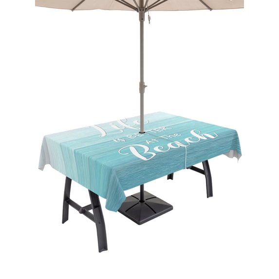 Outdoor Tablecloths with Umbrella Hole & Zipper, Teal Blue Summer Beach Rectangle Tablecloth 52x70 Inch, Coastal Vacation Blue Wooden Waterproof Table Cloth, Patio/Pool/Picnic Table Covers