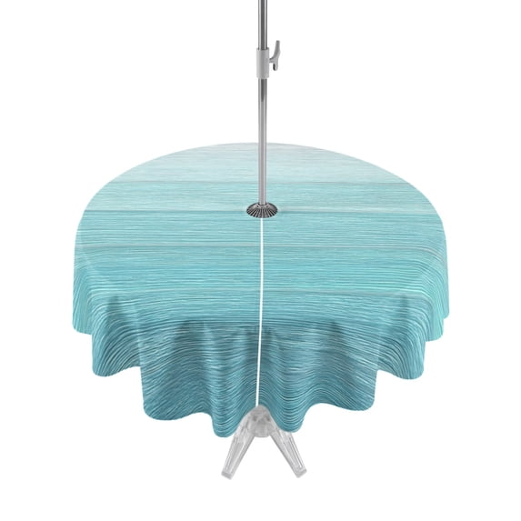 Outdoor Tablecloths with Umbrella Hole & Zipper, Teal Blue Summer Round Tablecloth 54 Inch, Farmhouse Beach Blue Wooden Waterproof Table Cloth, Patio/Pool/Picnic Table Covers