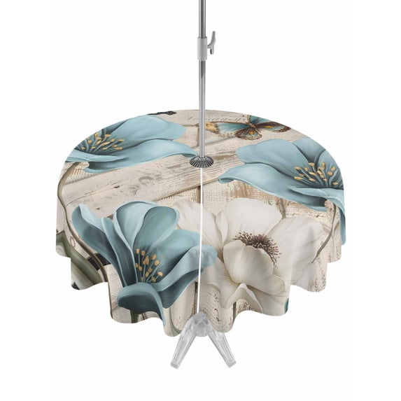 Outdoor Tablecloths with Umbrella Hole & Zipper, Teal Blue Tulips Round Tablecloth 54 Inch, Spring Floral Barn Doors Vintage Wood Beige Waterproof Table Cloth, Patio/Pool/Picnic Table Covers