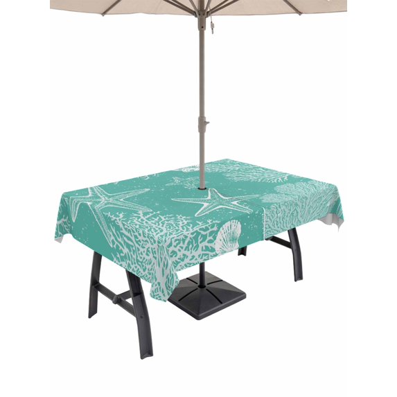 Outdoor Tablecloths with Umbrella Hole & Zipper, Teal Coastal 54x80 Inch Tablecloth Rectangle, Starfish Coral Summer Beach Ocean Waterproof Table Cloth, Patio/Pool/Picnic Table Covers