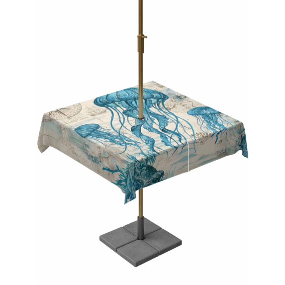 Outdoor Tablecloths with Umbrella Hole & Zipper, Teal Jellyfish Coastal 54x54 Inch Square Tablecloths, Vintage Summer Beach Nautical Waterproof Table Cloth, Patio/Pool/Picnic Table Covers