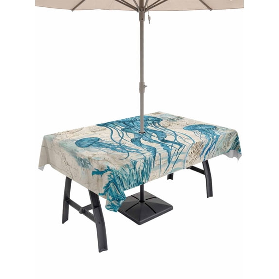 Outdoor Tablecloths with Umbrella Hole & Zipper, Teal Jellyfish Coastal 60 x102 Inch Rectangle Tablecloths, Vintage Summer Beach Nautical Waterproof Table Cloth, Patio/Pool/Picnic Table Covers
