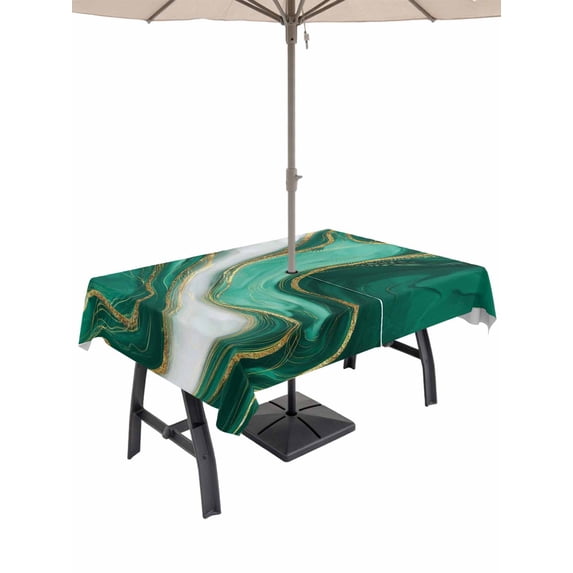 Outdoor Tablecloths with Umbrella Hole & Zipper, Teal Marble Tablecloth Rectangle 60x84 Inch, Modern Ombre Gold White Abstract Fluid Art Waterproof Table Cloth, Patio/Pool/Picnic Table Covers