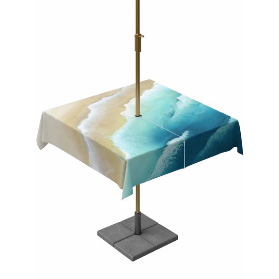 Outdoor Tablecloths with Umbrella Hole & Zipper, Teal Ombre Ocean 54x54 Inch Square Tablecloths, Summer Beach Coastal Waves Gradient Waterproof Table Cloth, Patio/Pool/Picnic Table Covers