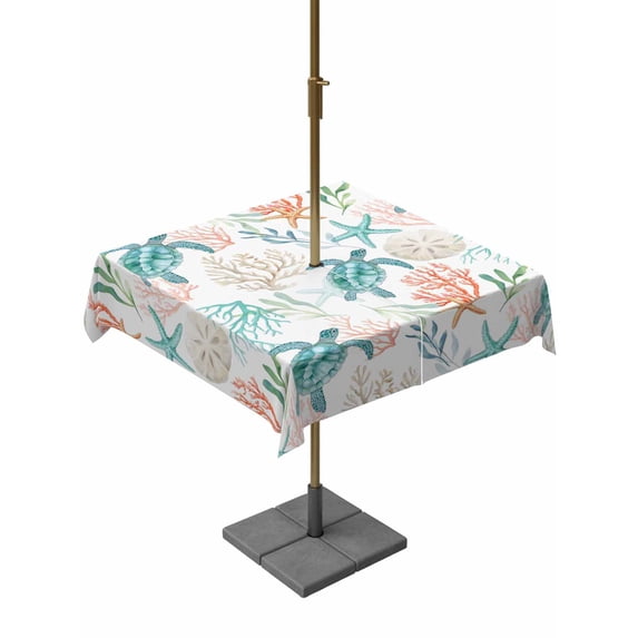 Outdoor Tablecloths with Umbrella Hole & Zipper, Teal Red Coastal 54x54 Inch Square Tablecloths, Beach Nautical Sea Turtle Coral Starfish Waterproof Table Cloth, Patio/Pool/Picnic Table Covers