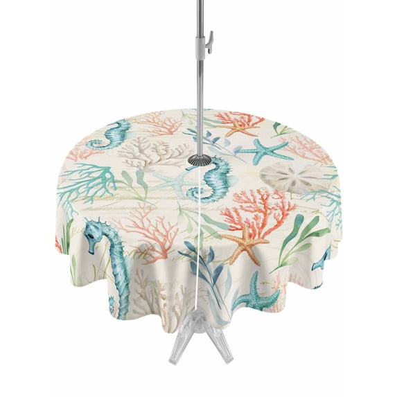 Outdoor Tablecloths with Umbrella Hole & Zipper, Teal Red Coastal Round Tablecloths 60 Inch, Nautical Seahorse Beach Coral Starfish Retro Waterproof Table Cloth, Patio/Pool/Picnic Table Covers