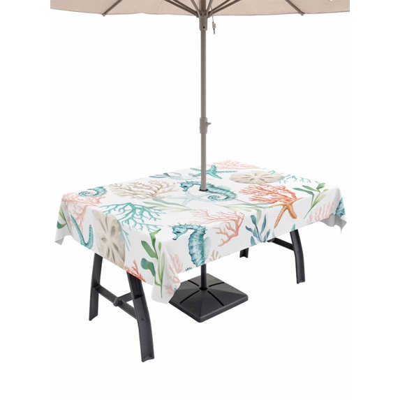 Outdoor Tablecloths with Umbrella Hole & Zipper, Teal Red Seahorse Coastal Tablecloth Rectangle 60x84 Inch, Nautical Beach Coral Starfish Waterproof Table Cloth, Patio/Pool/Picnic Table Covers