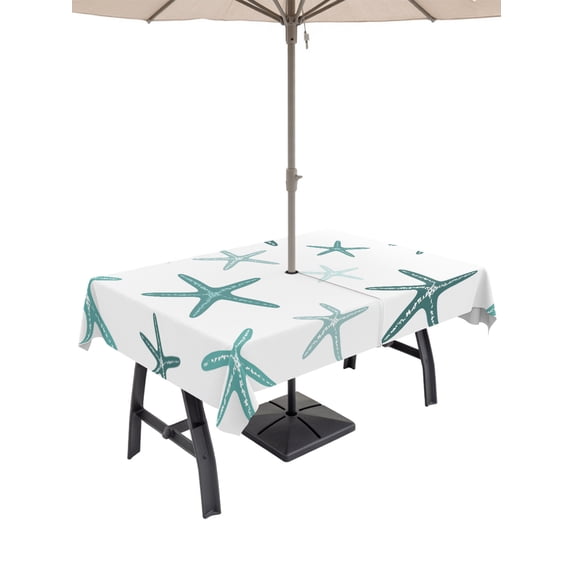 Outdoor Tablecloths with Umbrella Hole & Zipper, Teal Starfish Coastal 60 x102 Inch Rectangle Tablecloths, Summer Beach Ocean Waterproof Table Cloth, Patio/Pool/Picnic Table Covers