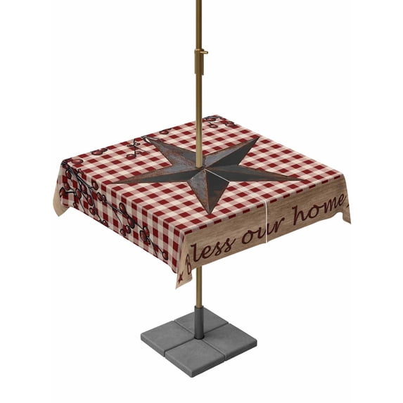 Outdoor Tablecloths with Umbrella Hole & Zipper, Texas Star Farmhouse 54x54 Inch Square Tablecloths, Rustic Red Plaid Berry Wooden Waterproof Table Cloth, Patio/Pool/Picnic Table Covers