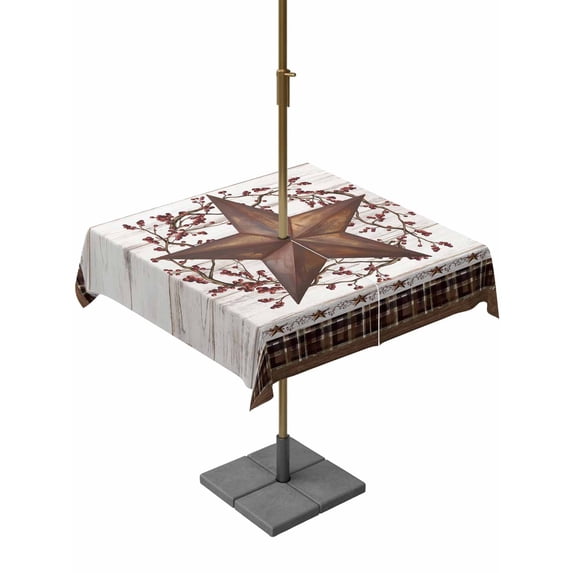 Outdoor Tablecloths with Umbrella Hole & Zipper, Texas Star Vintage 60x60 Inch Square Tablecloths, Red Berry Retro Art Brown White Wooden Waterproof Table Cloth, Patio/Pool/Picnic Table Covers