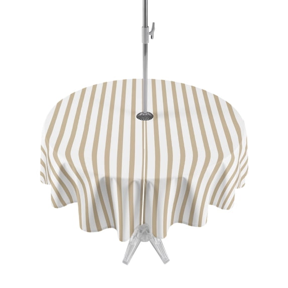 Outdoor Tablecloths with Umbrella Hole & Zipper, Thin Beige Striped Round Tablecloths 60 Inch, Farmhouse Modern Stripes Waterproof Table Cloth, Patio/Pool/Picnic Table Covers