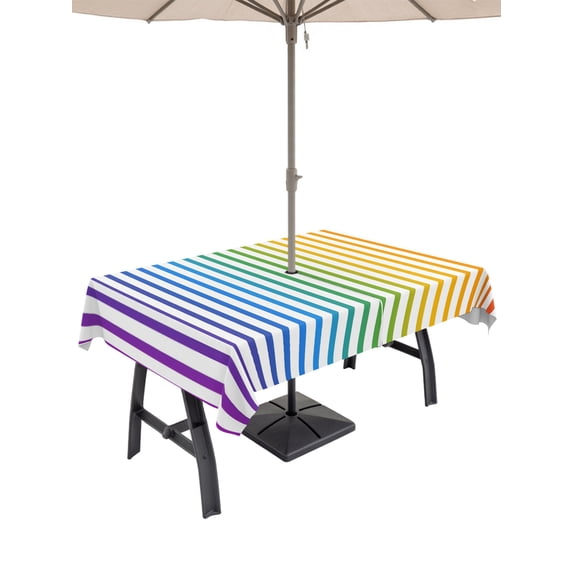 Outdoor Tablecloths with Umbrella Hole & Zipper, Thin Rainbow Striped 60 x102 Inch Rectangle Tablecloths, Farmhouse Modern Stripes Waterproof Table Cloth, Patio/Pool/Picnic Table Covers