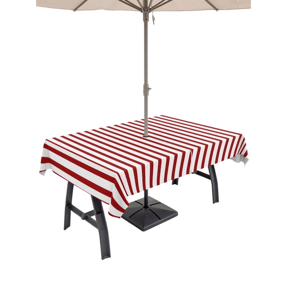 Outdoor Tablecloths with Umbrella Hole & Zipper, Thin Red Striped 60 x102 Inch Rectangle Tablecloths, Farmhouse Modern Red Stripes Waterproof Table Cloth, Patio/Pool/Picnic Table Covers
