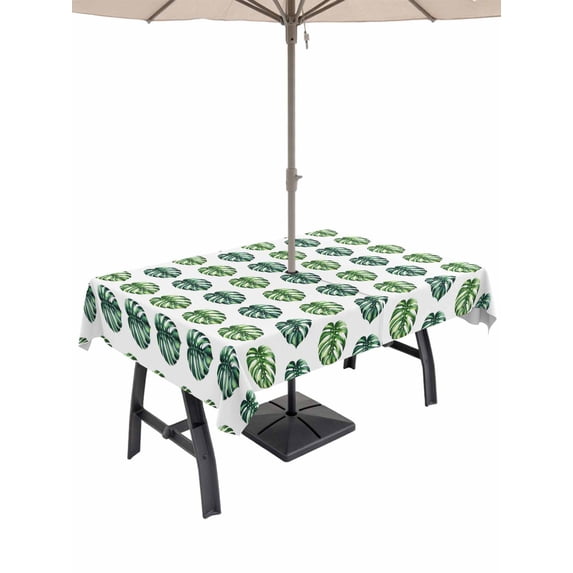 Outdoor Tablecloths with Umbrella Hole & Zipper, Tropical Leaves Tablecloth Rectangle 60x84 Inch, Boho Green Palm Monstera Leaf Botanical Waterproof Table Cloth, Patio/Pool/Picnic Table Covers