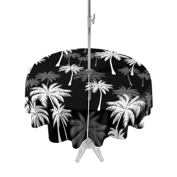 Outdoor Tablecloths with Umbrella Hole & Zipper, Tropical Palm Tree Round Tablecloth 54 Inch, Black White Plants Coastal Leaf Beach Waterproof Table Cloth, Patio/Pool/Picnic Table Covers