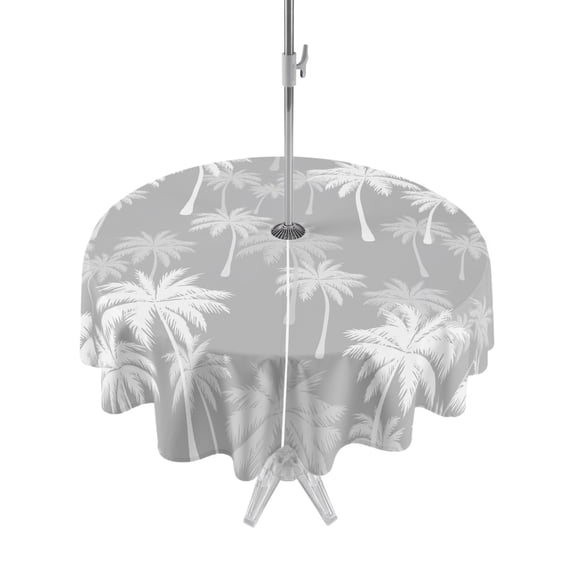 Outdoor Tablecloths with Umbrella Hole & Zipper, Tropical Palm Tree Round Tablecloth 54 Inch, Gray White Plants Coastal Leaf Beach Waterproof Table Cloth, Patio/Pool/Picnic Table Covers