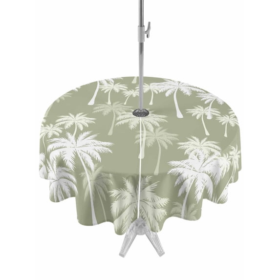 Outdoor Tablecloths with Umbrella Hole & Zipper, Tropical Palm Tree Round Tablecloths 60 Inch, Sage Green Plants Coastal Leaf Beach Waterproof Table Cloth, Patio/Pool/Picnic Table Covers