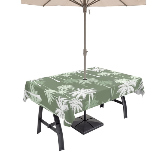 Outdoor Tablecloths with Umbrella Hole & Zipper, Tropical Palm Tree Tablecloth Rectangle 60x84 Inch, Olive Green Plants Coastal Leaf Beach Waterproof Table Cloth, Patio/Pool/Picnic Table Covers
