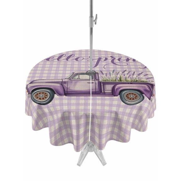 Outdoor Tablecloths with Umbrella Hole & Zipper, Truck Lavenders Round Tablecloth 54 Inch, Purple Buffalo Plaid Farmhouse Waterproof Table Cloth, Patio/Pool/Picnic Table Covers