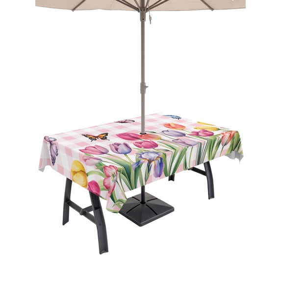 Outdoor Tablecloths with Umbrella Hole & Zipper, Tulips Spring Floral 60 x102 Inch Rectangle Tablecloths, Pink Plaid Flowers Butterfly Pastoral Waterproof Table Cloth, Patio/Pool/Picnic Table Covers