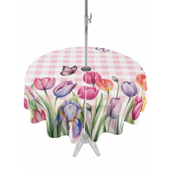 Outdoor Tablecloths with Umbrella Hole & Zipper, Tulips Spring Floral Round Tablecloths 60 Inch, Pink Plaid Flowers Butterfly Pastoral Waterproof Table Cloth, Patio/Pool/Picnic Table Covers